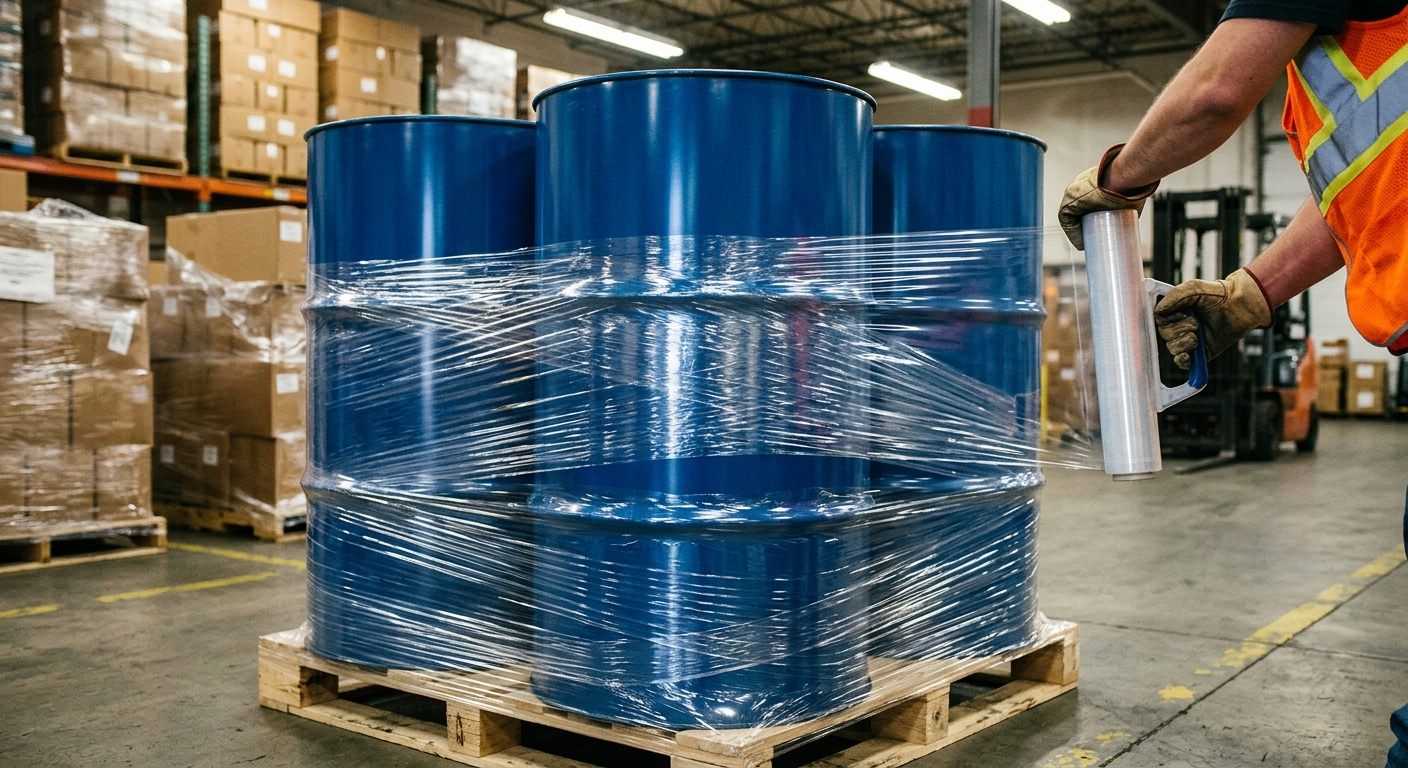 Palletised drums wrapped and prepared for dispatch