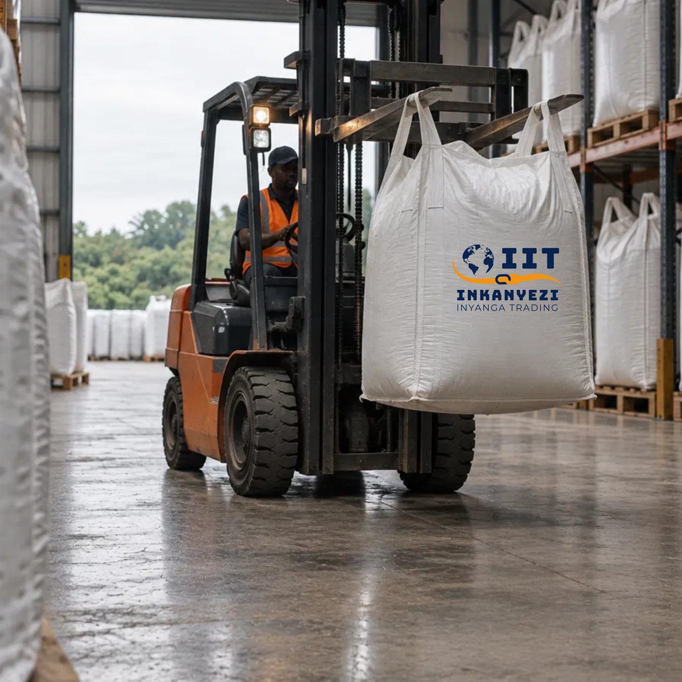 Forklift moving IIT-branded drums in the warehouse