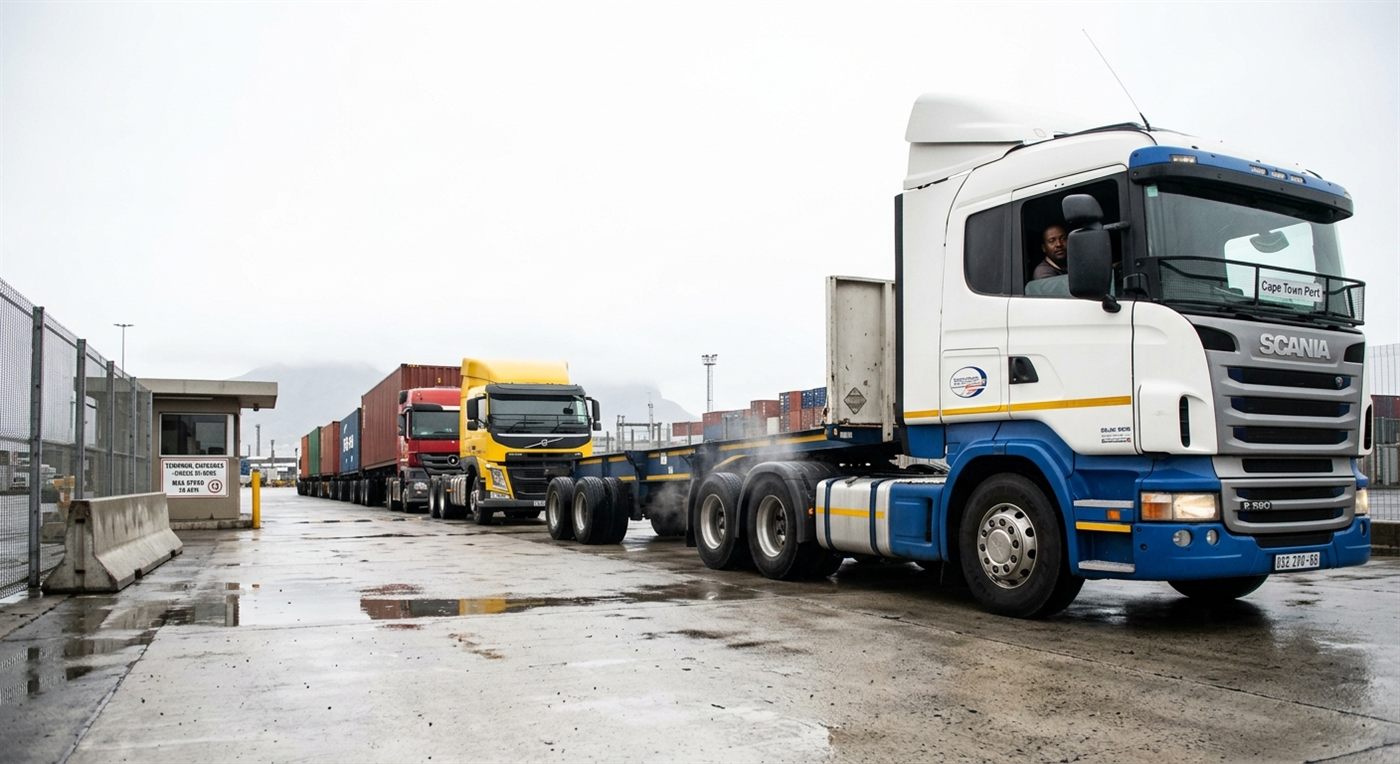 Trucks queued at a port gate